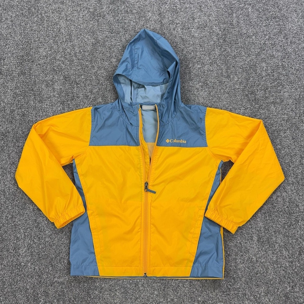 Columbia Jacket Youth Small Yellow Blue Hooded Nylon Windbreaker Full Zip Logo